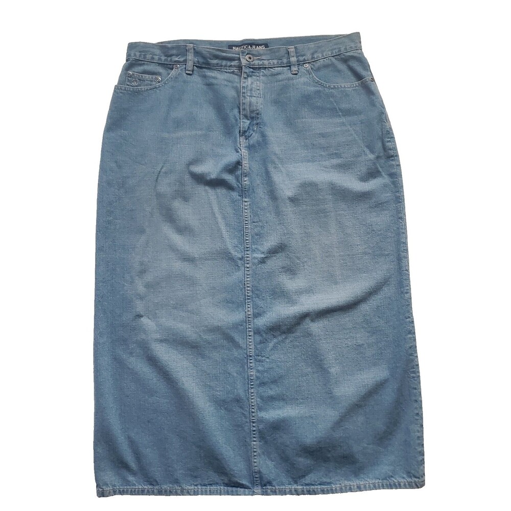 VTG Nautica Denim Midi Skirt Size 16 Blue Jeans Skirt 100% Cotton Back Vent